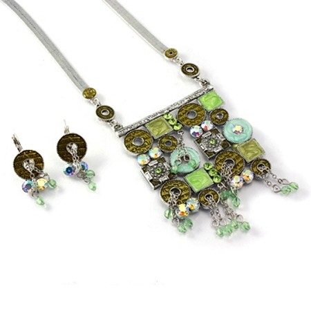 Green Mix Squares and Circles Necklace Set - Click Image to Close